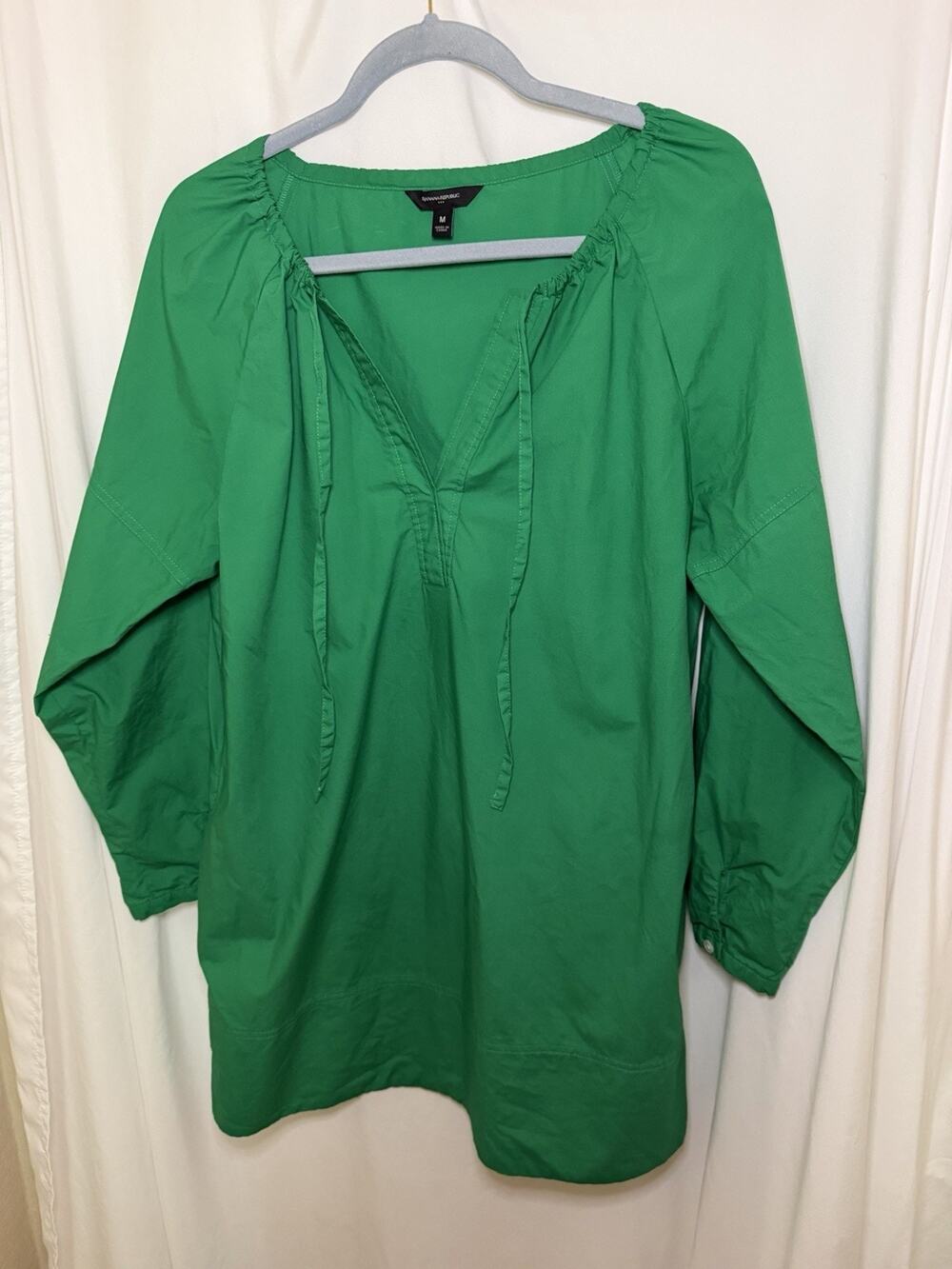 Banana Republic M Tie Neck Poplin Mini Dress Green Relaxed Body And Sleeves